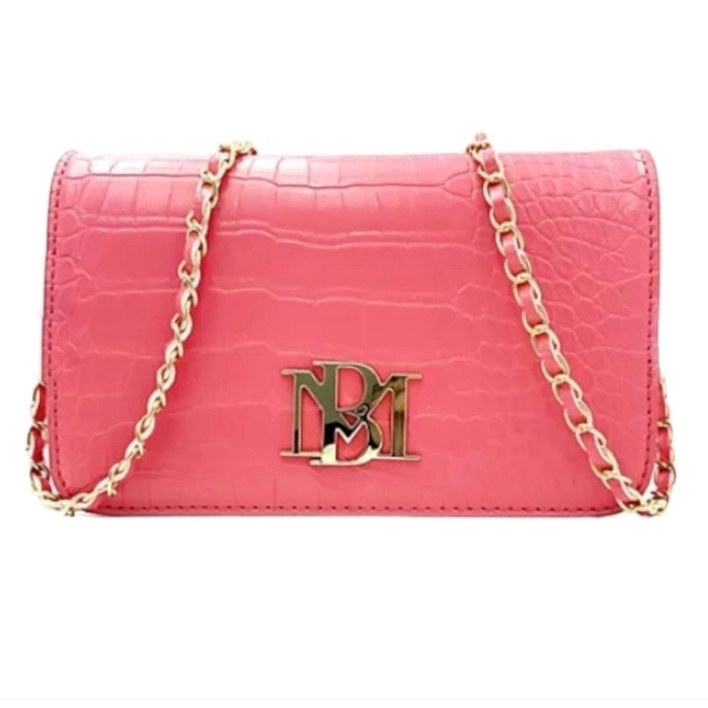 Badgley Mischka Pink Croc Embossed Chain Strap Crossbody Clutch Bag